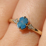 0.89ct Untreated Opalescent Seafoam Teal Speciality Fantasy Cut Sapphire and Kite Diamond Compass Set Three Stone Low Profile Ring in 14k Yellow Gold