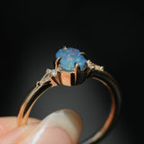 0.89ct Untreated Opalescent Seafoam Teal Speciality Fantasy Cut Sapphire and Kite Diamond Compass Set Three Stone Low Profile Ring in 14k Yellow Gold