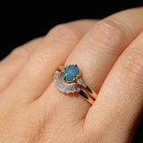 0.89ct Untreated Opalescent Seafoam Teal Speciality Fantasy Cut Sapphire and Kite Diamond Compass Set Three Stone Low Profile Ring in 14k Yellow Gold