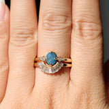 0.89ct Untreated Opalescent Seafoam Teal Speciality Fantasy Cut Sapphire and Kite Diamond Compass Set Three Stone Low Profile Ring in 14k Yellow Gold