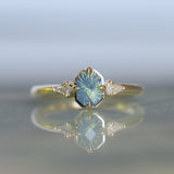 0.89ct Untreated Opalescent Seafoam Teal Speciality Fantasy Cut Sapphire and Kite Diamond Compass Set Three Stone Low Profile Ring in 14k Yellow Gold