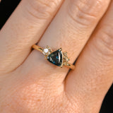 1.04ct Untreated Color Shifting Songean Trillion Sapphire and Antique Diamond Mountainscape Ring in 14k Yellow Gold
