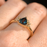 1.04ct Untreated Color Shifting Songean Trillion Sapphire and Antique Diamond Mountainscape Ring in 14k Yellow Gold