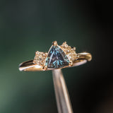 1.04ct Untreated Color Shifting Songean Trillion Sapphire and Antique Diamond Mountainscape Ring in 14k Yellow Gold