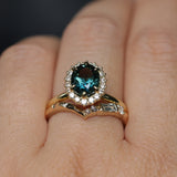 2.32ct Oval Teal Songean Sapphire Antique-Style Diamond Halo Ring in 18k Yellow Gold
