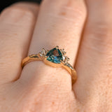 0.78ct Teal Montana Sapphire and Genuine Antique Diamond Mountainscape Ring in 14k Evergreen Carved Yellow Gold