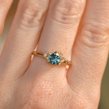 0.78ct Teal Montana Sapphire and Genuine Antique Diamond Mountainscape Ring in 14k Evergreen Carved Yellow Gold
