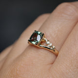 1.75ct Multicolor Cushion Cut Madagascar Sapphire in Wandering Vine Low Profile 4 Prong Setting with Diamonds in 14k Yellow