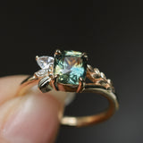 1.75ct Multicolor Cushion Cut Madagascar Sapphire in Wandering Vine Low Profile 4 Prong Setting with Diamonds in 14k Yellow
