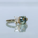 1.75ct Multicolor Cushion Cut Madagascar Sapphire in Wandering Vine Low Profile 4 Prong Setting with Diamonds in 14k Yellow