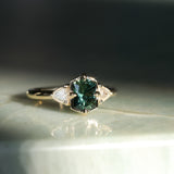 1.10ct Fantasy Cut Kenyan Sapphire and Diamond Milgrain Three Stone Low Profile Ring in 14k Yellow Gold