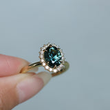 2.32ct Oval Teal Songean Sapphire Antique-Style Diamond Halo Ring in 18k Yellow Gold