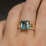 4.58ct Emerald Cut Teal Sapphire Triple Band with Diamonds and Evergreen Texture 4 Prong Low Profile Ring in 18k Yellow Gold