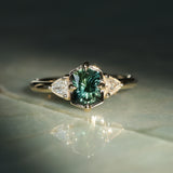 1.10ct Fantasy Cut Kenyan Sapphire and Diamond Milgrain Three Stone Low Profile Ring in 14k Yellow Gold