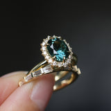2.32ct Oval Teal Songean Sapphire Antique-Style Diamond Halo Ring in 18k Yellow Gold