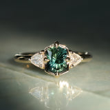 1.10ct Fantasy Cut Kenyan Sapphire and Diamond Milgrain Three Stone Low Profile Ring in 14k Yellow Gold