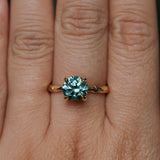 2.06ct Round Untreated Teal Montana Sapphire Hidden Halo Low Profile Evergreen Carved Four Prong Solitaire in 14k Yellow Gold