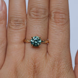 2.06ct Round Untreated Teal Montana Sapphire Hidden Halo Low Profile Evergreen Carved Four Prong Solitaire in 14k Yellow Gold