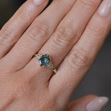 1.50ct Untreated Fantasy Cut Tanzanian Sapphire and Diamond Milgrain Three Stone Low Profile Ring in 14k Yellow Gold