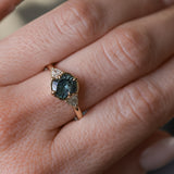 1.50ct Untreated Fantasy Cut Tanzanian Sapphire and Diamond Milgrain Three Stone Low Profile Ring in 14k Yellow Gold
