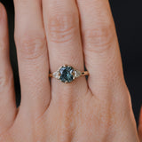 1.50ct Untreated Fantasy Cut Tanzanian Sapphire and Diamond Milgrain Three Stone Low Profile Ring in 14k Yellow Gold