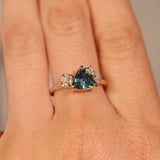 1.23ct Teal Montana Sapphire and Genuine Antique Diamond Mountainscape Ring in 14k Yellow Gold
