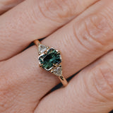 1.10ct Fantasy Cut Kenyan Sapphire and Diamond Milgrain Three Stone Low Profile Ring in 14k Yellow Gold