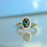 2.32ct Oval Teal Songean Sapphire Antique-Style Diamond Halo Ring in 18k Yellow Gold