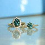 2.32ct Oval Teal Songean Sapphire Antique-Style Diamond Halo Ring in 18k Yellow Gold