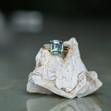 4.58ct Emerald Cut Teal Sapphire Triple Band with Diamonds and Evergreen Texture 4 Prong Low Profile Ring in 18k Yellow Gold