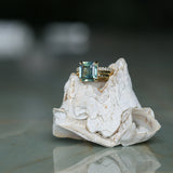 4.58ct Emerald Cut Teal Sapphire Triple Band with Diamonds and Evergreen Texture 4 Prong Low Profile Ring in 18k Yellow Gold