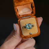 4.58ct Emerald Cut Teal Sapphire Triple Band with Diamonds and Evergreen Texture 4 Prong Low Profile Ring in 18k Yellow Gold