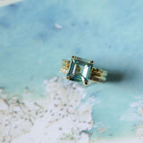 4.58ct Emerald Cut Teal Sapphire Triple Band with Diamonds and Evergreen Texture 4 Prong Low Profile Ring in 18k Yellow Gold