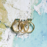 4.58ct Emerald Cut Teal Sapphire Triple Band with Diamonds and Evergreen Texture 4 Prong Low Profile Ring in 18k Yellow Gold