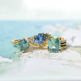 4.58ct Emerald Cut Teal Sapphire Triple Band with Diamonds and Evergreen Texture 4 Prong Low Profile Ring in 18k Yellow Gold