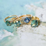 4.58ct Emerald Cut Teal Sapphire Triple Band with Diamonds and Evergreen Texture 4 Prong Low Profile Ring in 18k Yellow Gold