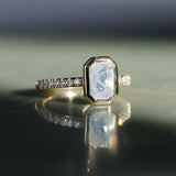 2.10ct Untreated Opalescent Radiant Cut Sapphire Low Profile Bezel Solitaire Ring with Pavé Set Diamonds in 14k Yellow Gold