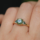 1.50ct Round Parti Yellow Blue Precision Cut Montana Sapphire and Trillion Sapphire Low Profile Three Stone Ring in 18k Yellow Gold