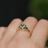 1.50ct Round Parti Yellow Blue Precision Cut Montana Sapphire and Trillion Sapphire Low Profile Three Stone Ring in 18k Yellow Gold