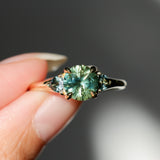 1.50ct Round Parti Yellow Blue Precision Cut Montana Sapphire and Trillion Sapphire Low Profile Three Stone Ring in 18k Yellow Gold