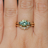 1.50ct Round Parti Yellow Blue Precision Cut Montana Sapphire and Trillion Sapphire Low Profile Three Stone Ring in 18k Yellow Gold