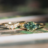 1.50ct Round Parti Yellow Blue Precision Cut Montana Sapphire and Trillion Sapphire Low Profile Three Stone Ring in 18k Yellow Gold