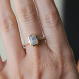 2.10ct Untreated Opalescent Radiant Cut Sapphire Low Profile Bezel Solitaire Ring with Pavé Set Diamonds in 14k Yellow Gold