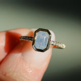 2.10ct Untreated Opalescent Radiant Cut Sapphire Low Profile Bezel Solitaire Ring with Pavé Set Diamonds in 14k Yellow Gold