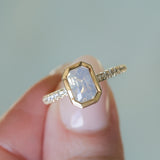 2.10ct Untreated Opalescent Radiant Cut Sapphire Low Profile Bezel Solitaire Ring with Pavé Set Diamonds in 14k Yellow Gold