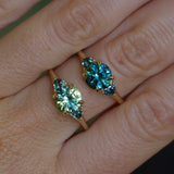 1.50ct Round Parti Yellow Blue Precision Cut Montana Sapphire and Trillion Sapphire Low Profile Three Stone Ring in 18k Yellow Gold