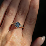1.50ct Untreated Fantasy Cut Tanzanian Sapphire and Diamond Milgrain Three Stone Low Profile Ring in 14k Yellow Gold
