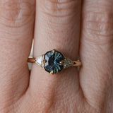1.50ct Untreated Fantasy Cut Tanzanian Sapphire and Diamond Milgrain Three Stone Low Profile Ring in 14k Yellow Gold