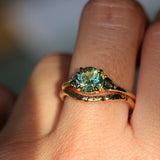 1.50ct Round Parti Yellow Blue Precision Cut Montana Sapphire and Trillion Sapphire Low Profile Three Stone Ring in 18k Yellow Gold