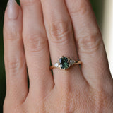 1.10ct Fantasy Cut Kenyan Sapphire and Diamond Milgrain Three Stone Low Profile Ring in 14k Yellow Gold